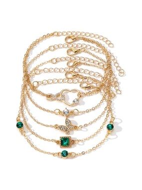 Gold-Tone Layered Bracelet Set with Emerald Green Stones